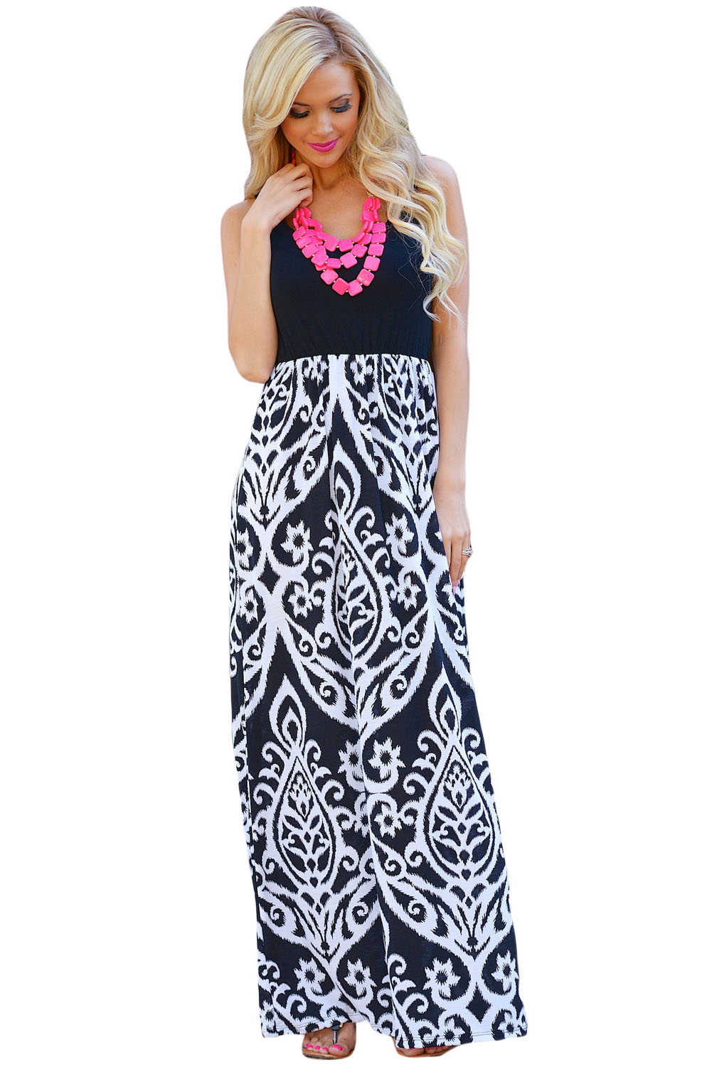 White Damask Print Sleeveless Long Boho Dress