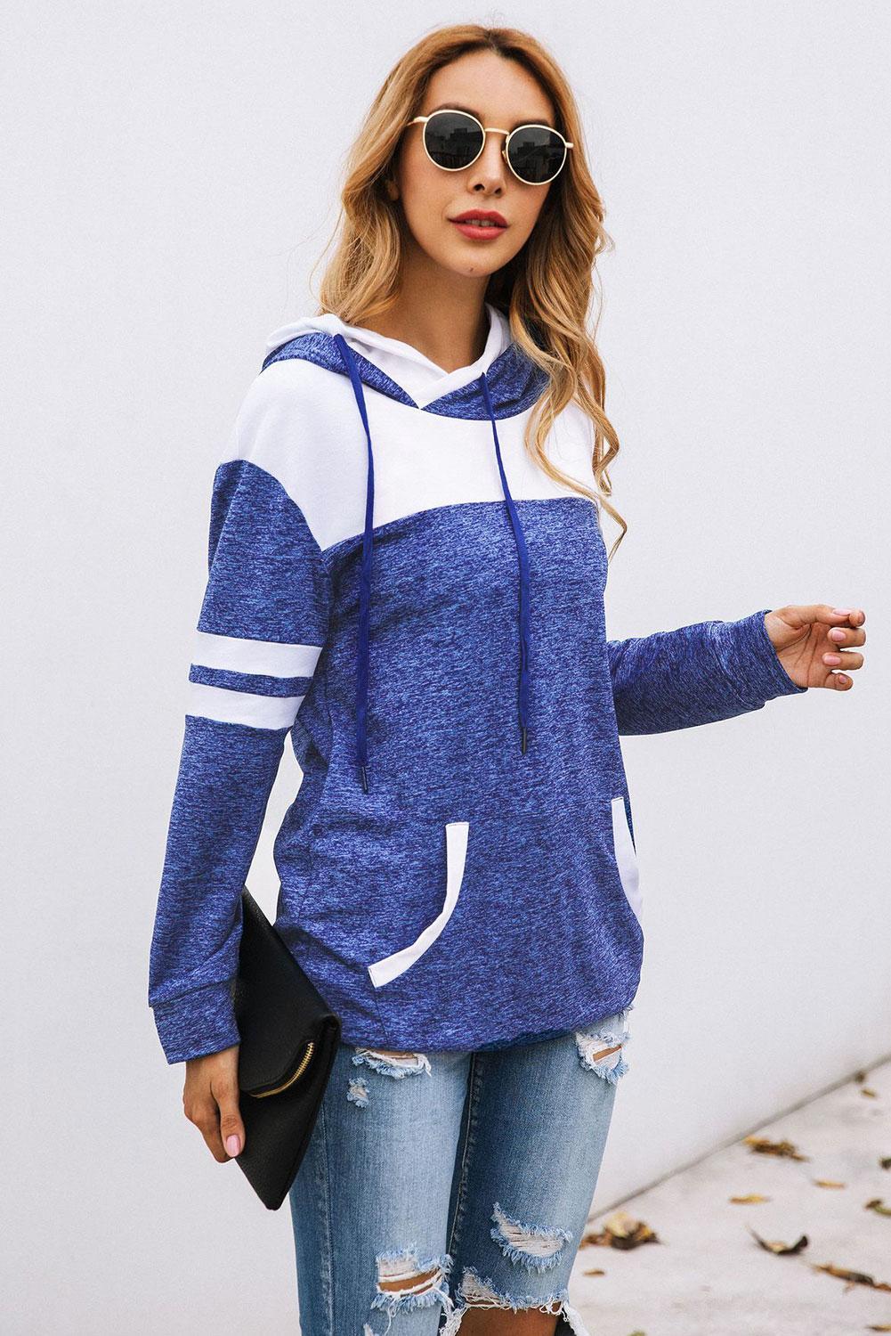 Blue Color Block Pullover Hoodie with Pocket