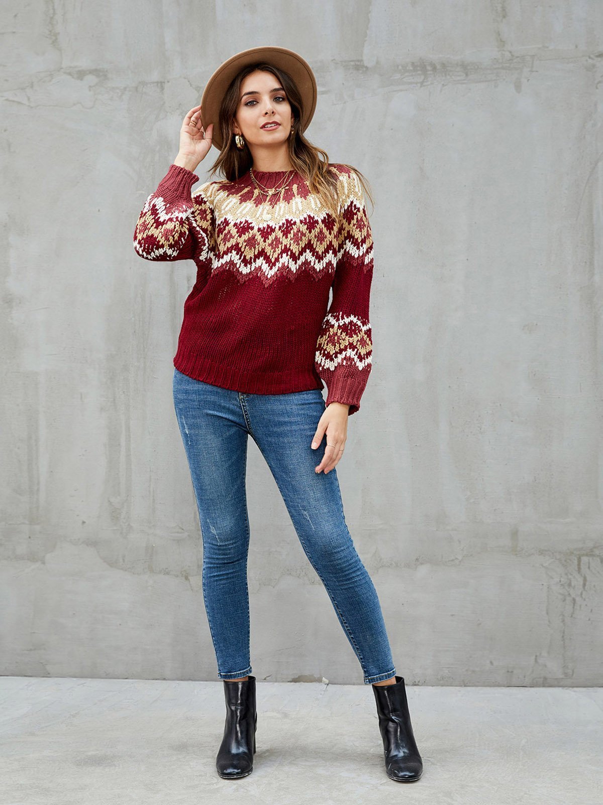 Burgundy Casual Tribal Knitted Acrylic Sweaters