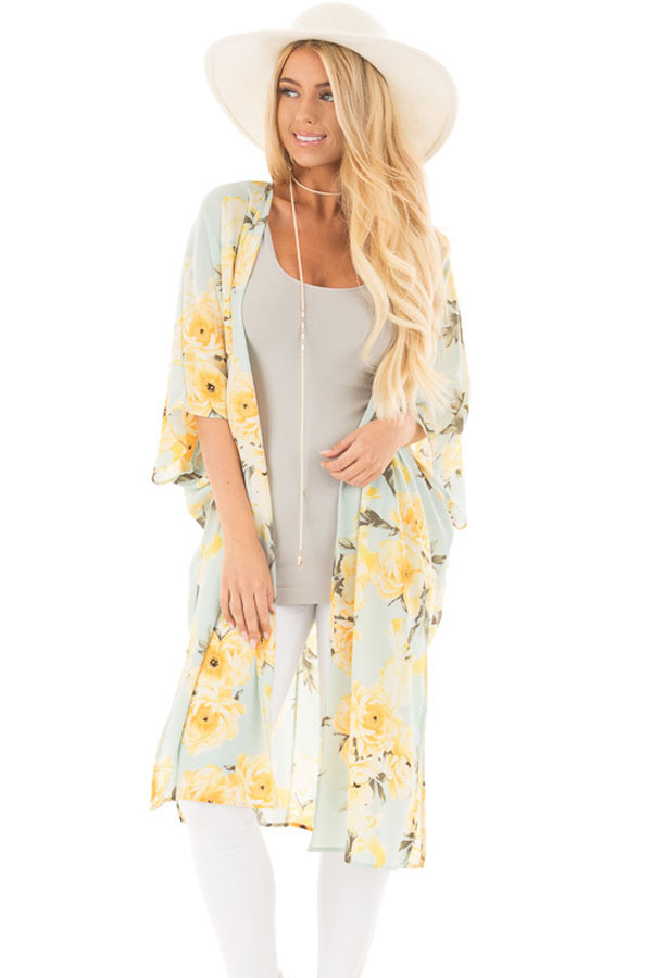 Mint Floral Side Slit Boho Kimono