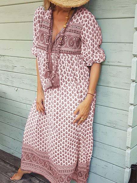 Floral V Neck Half Sleeve Cotton Dresses