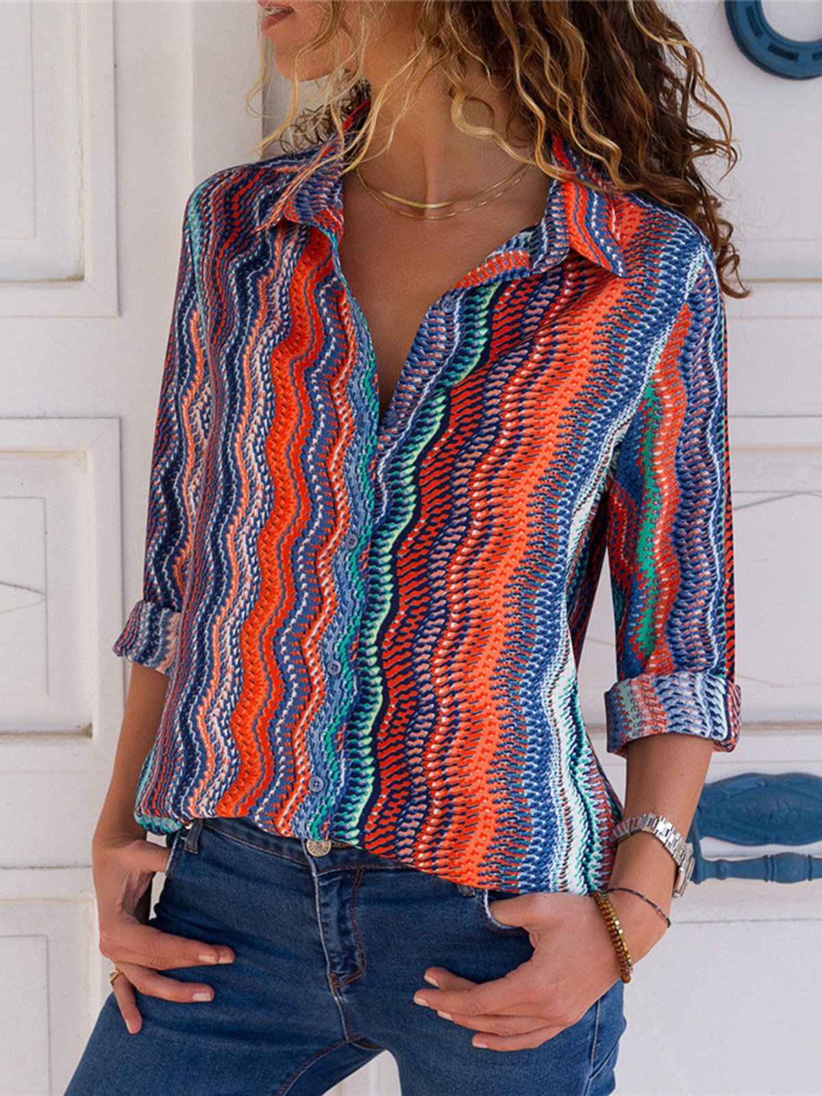 Shirt Collar Chiffon Striped Elegant Shirt