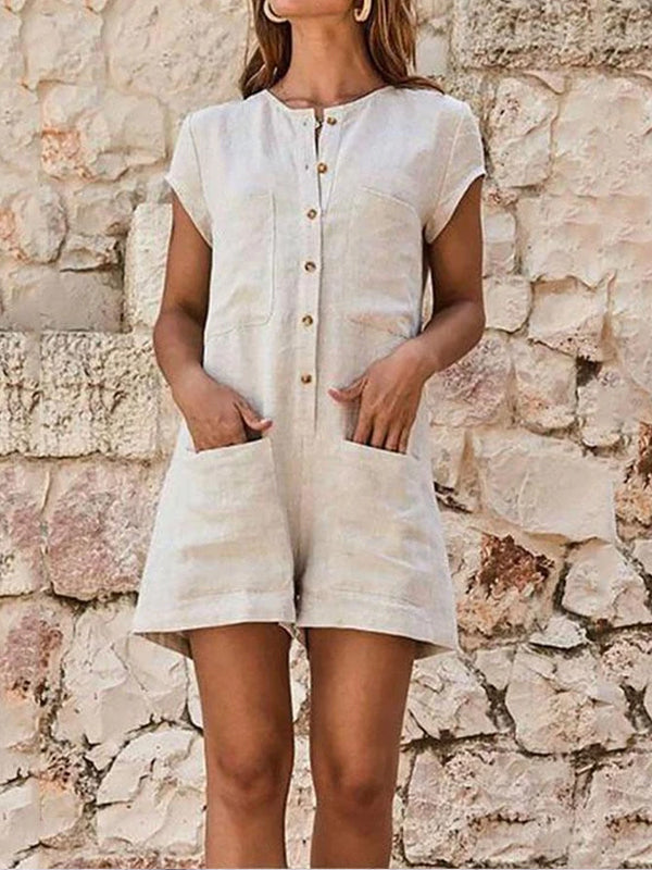 Round Neck Short Sleeve Plain Patch Pocket Playsuits Jumpsuits