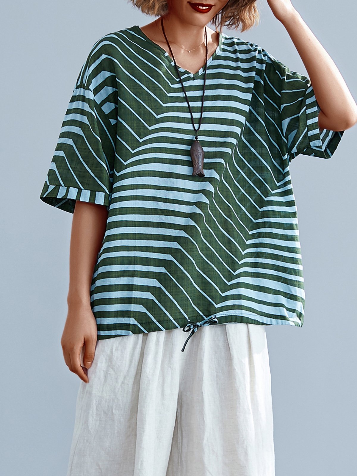 Vintage Striped Floral Loose Short Sleeve V Neck Casual Tops