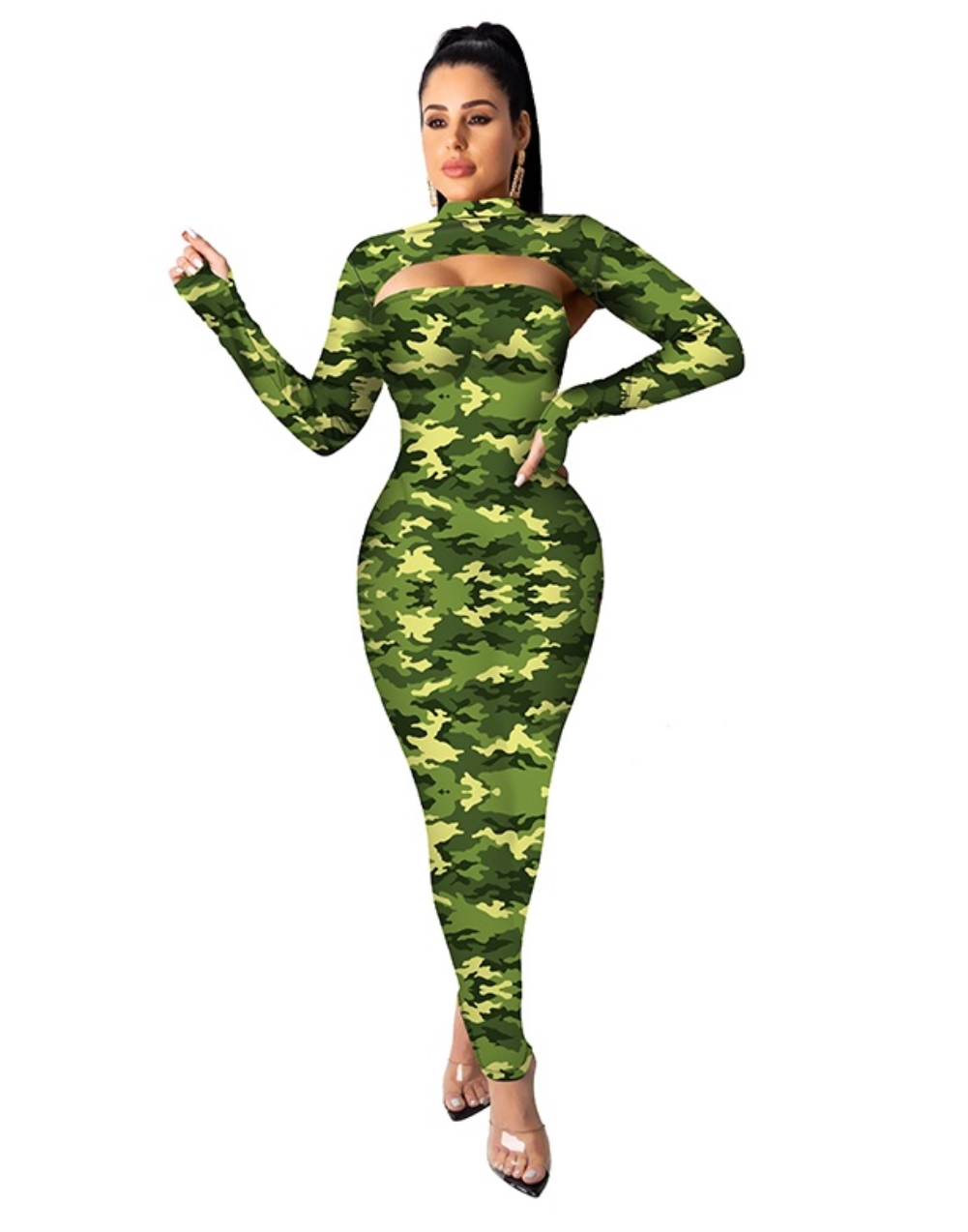 Print Sexy Cut Out Long Curvy Dress with Full Sleeves