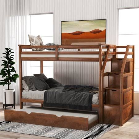 Lowestbest Solid Wood Twin-Over-Twin Bunk Bedd with Twin Size Trundle and 3 Storage Stairs - Walnut, Size: 6, Brown