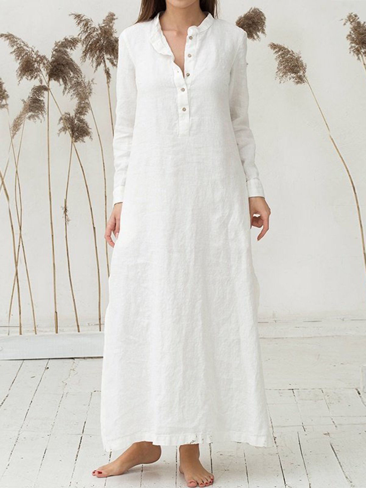 Stand Collar Long Sleeve Casual Paneled Plain Casual Dress