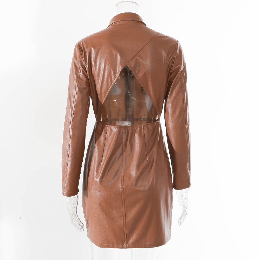 Winter Khaki Leather Cut Out Back Mini Club Dress