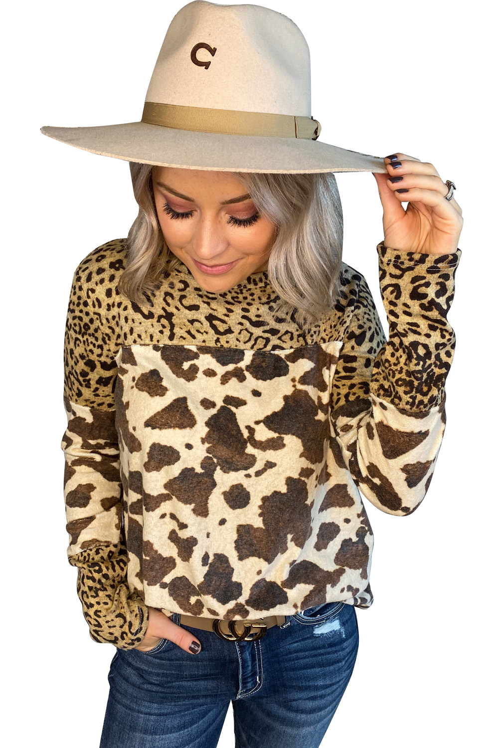 时尚休闲动物斑纹印花长袖针织上衣