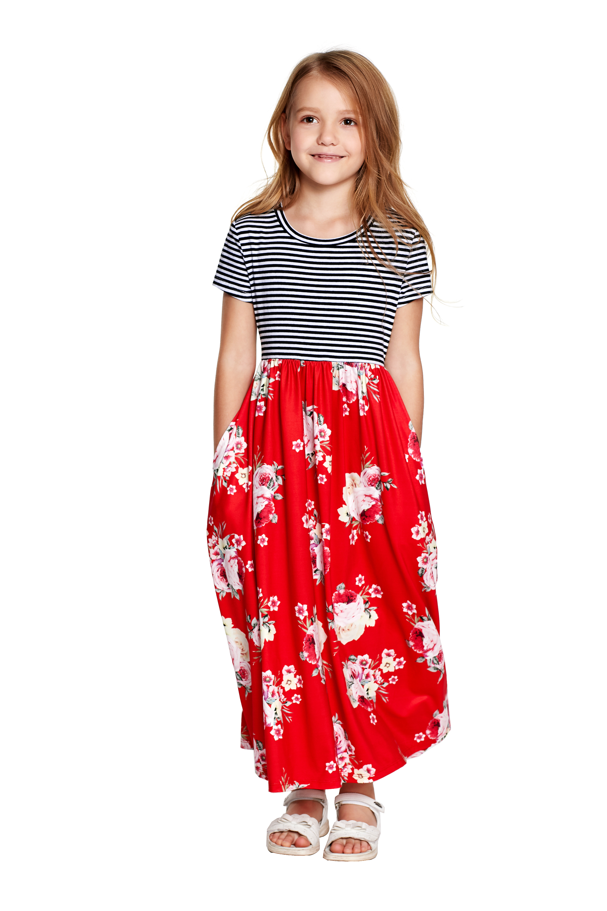 Red Striped Floral Print Little Girls Maxi Dress