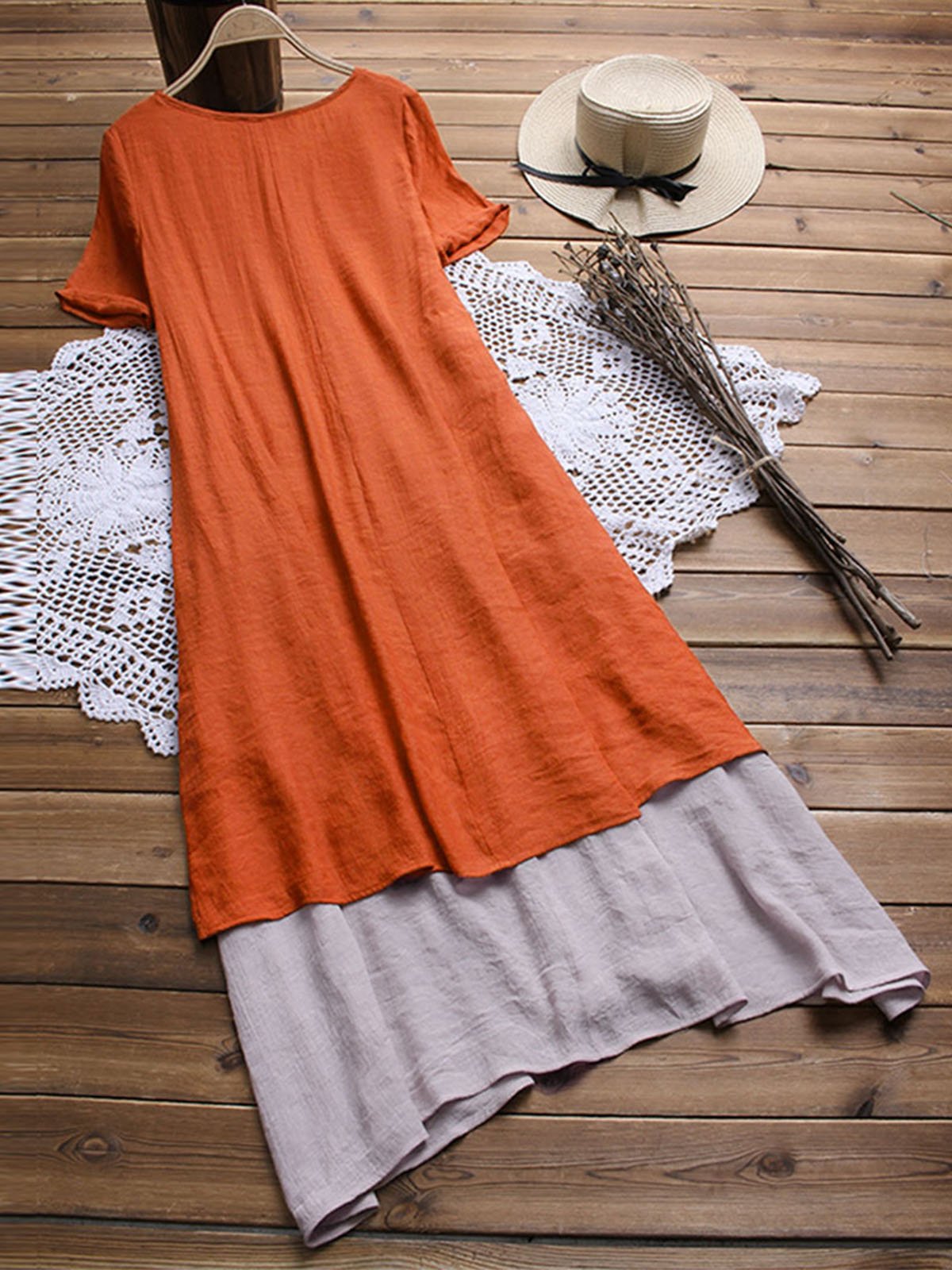 V Neck Short Sleeve Solid Linen Dresses