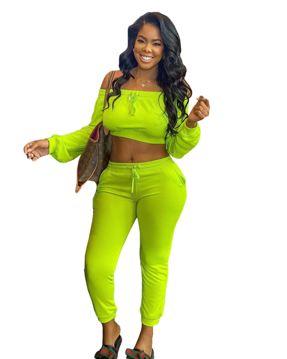 Casual Plain Off Shoulder Long Sleeve Crop Top and Track Pants Set