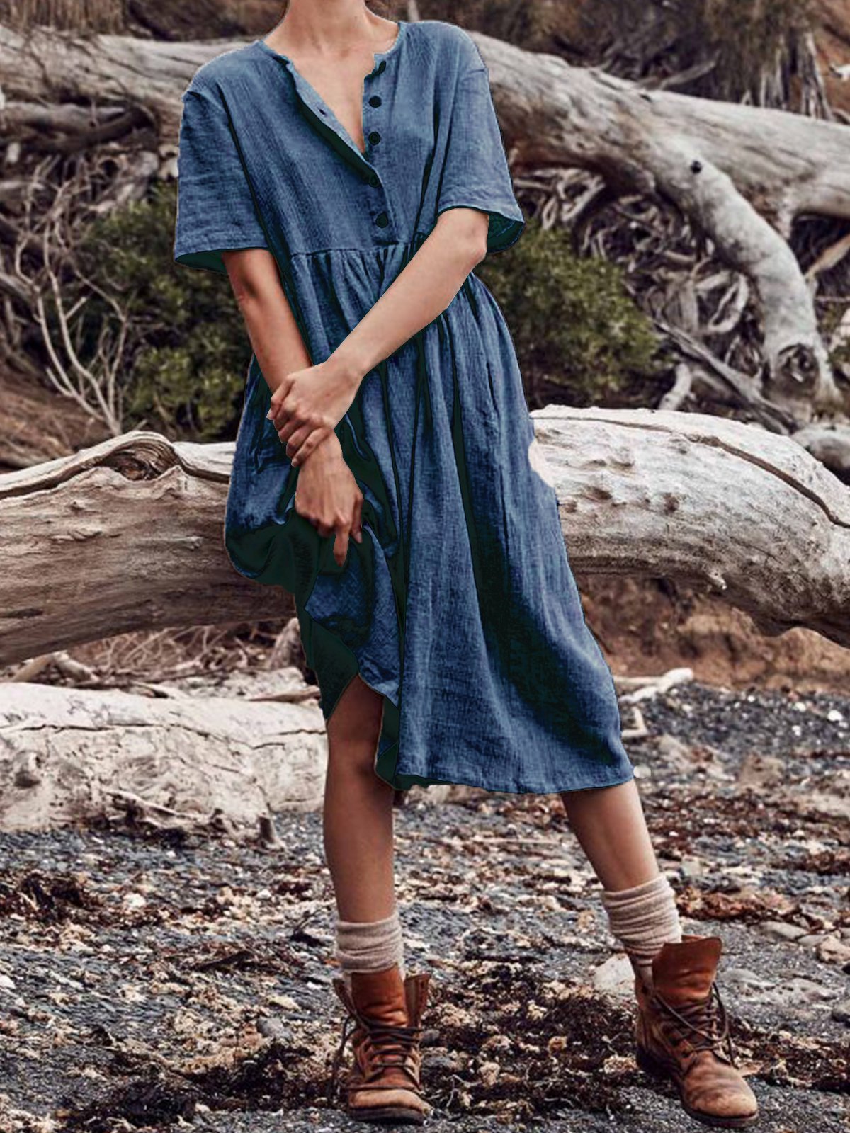 Casual Short Sleeve Buttoned Crew Neck Plain Dress