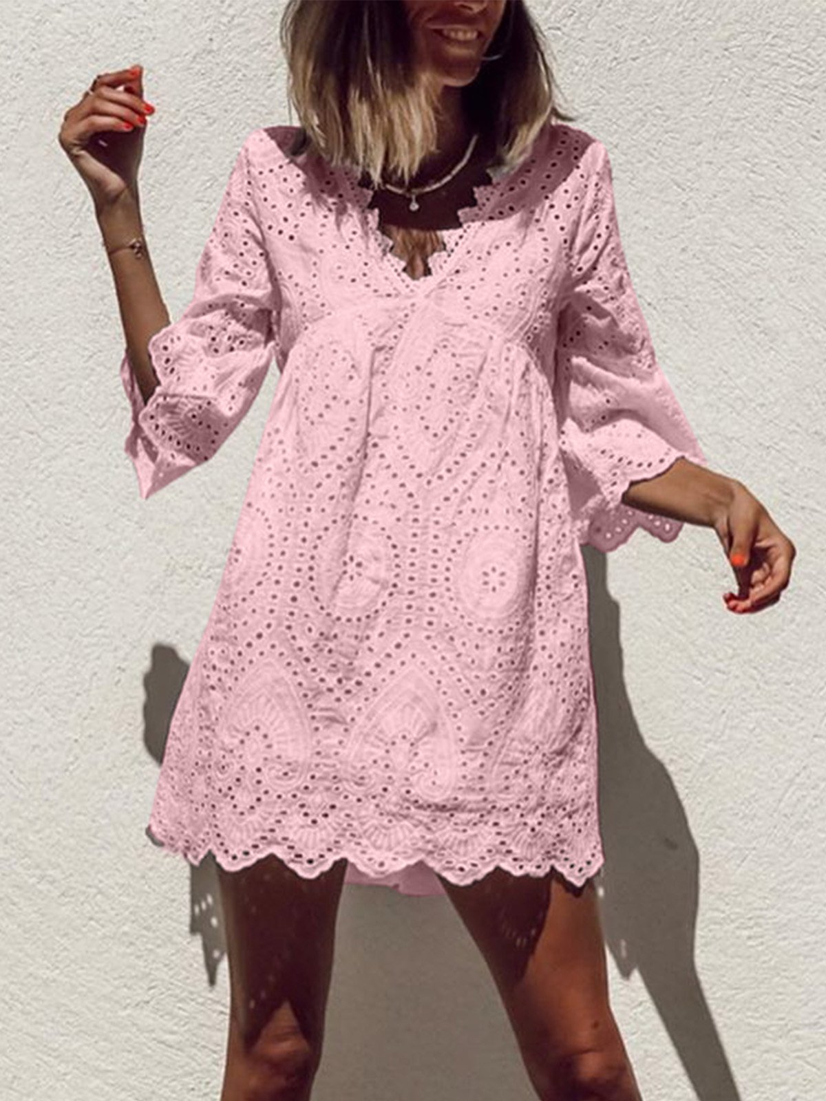 Plus Size Casual V Neck 3/4 Sleeve Dresses