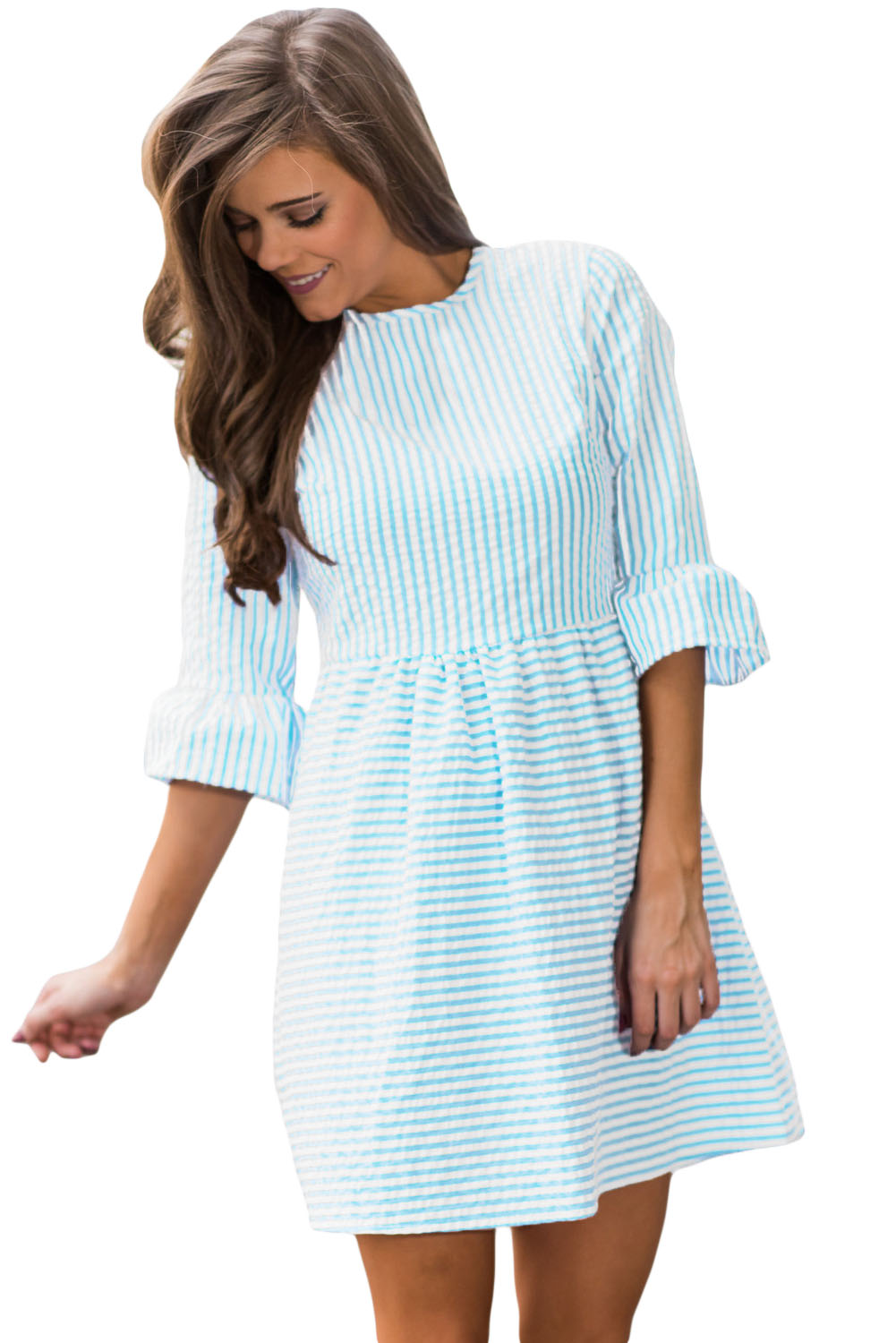 Blue White Stripe Flounce Sleeve Seersucker Dress
