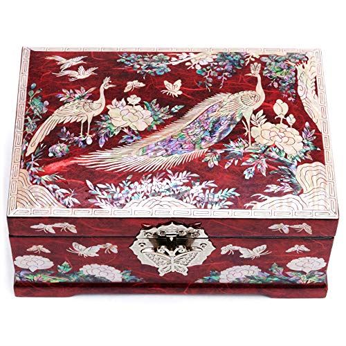 Mother of Pearl Peacock Jewelry Box with Ring Mirror Lid/2 Level