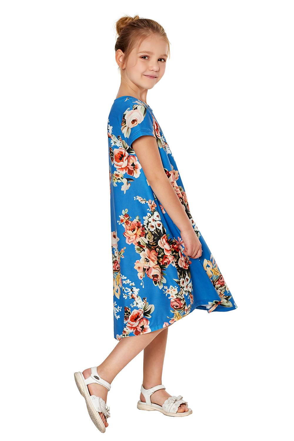 Blue Short Sleeve Floral Print Toddler Dress