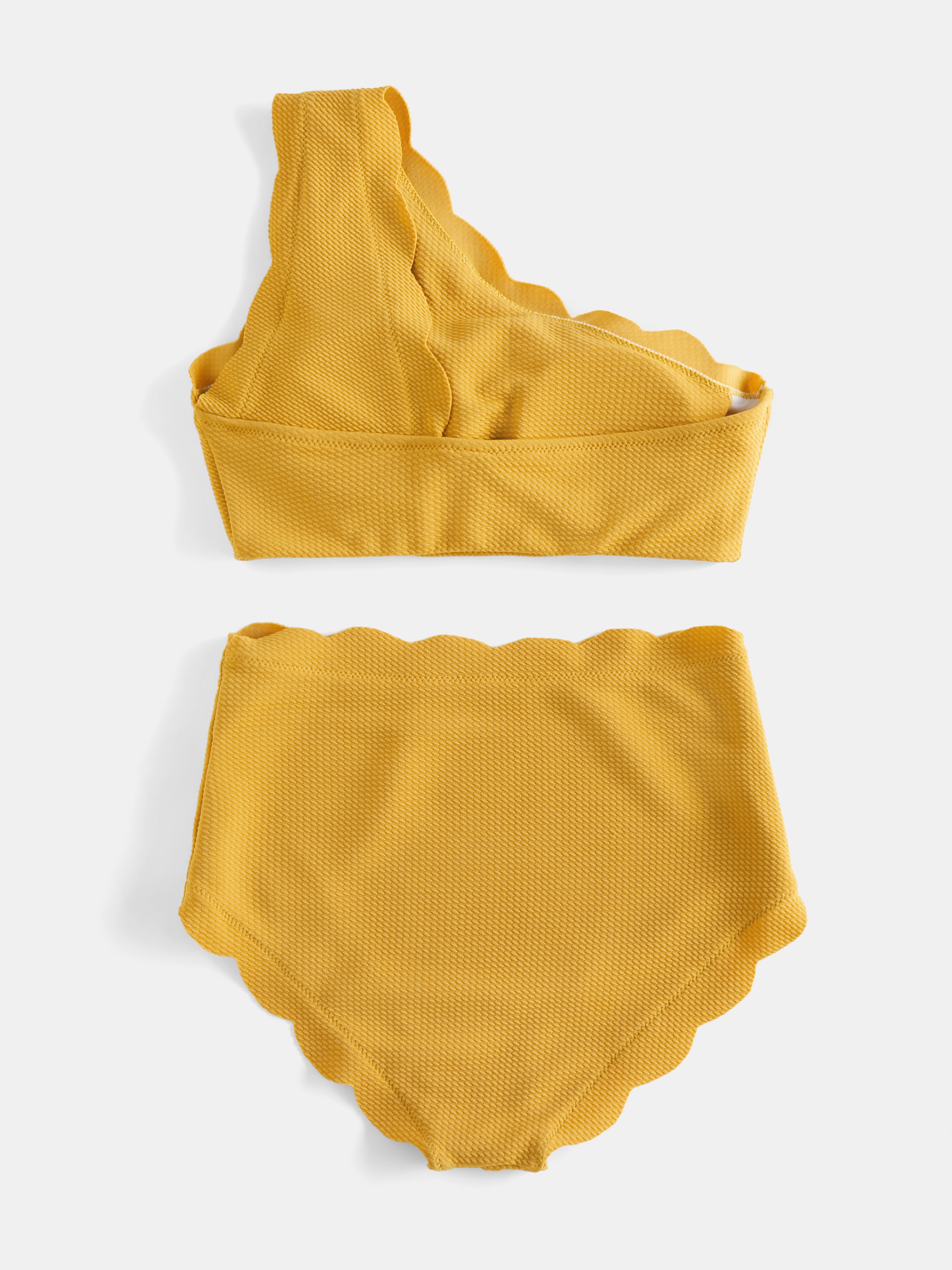 Solid One Shoulder Wave Hem Bikini