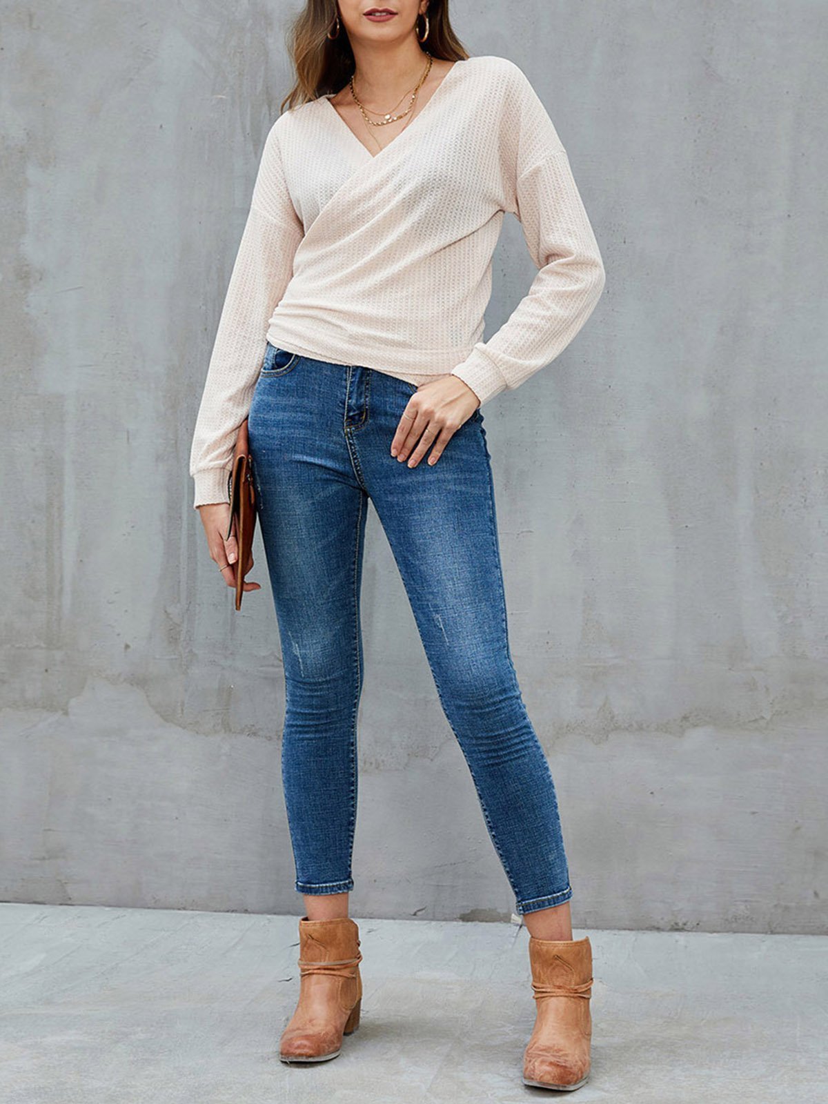 Apricot Casual Surplice Neck Knot Front Sweaters