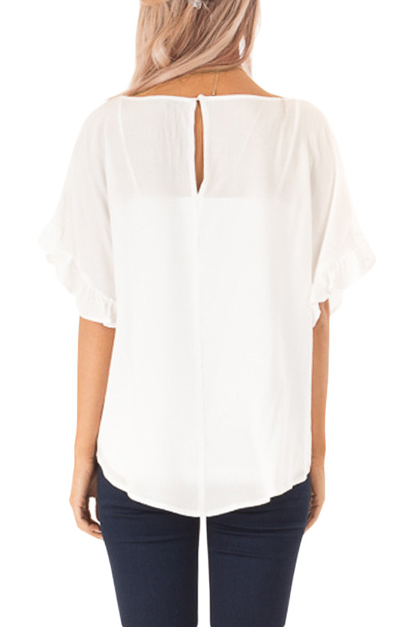 White Ruffled Sleeve Blouse with Front Knot Detail