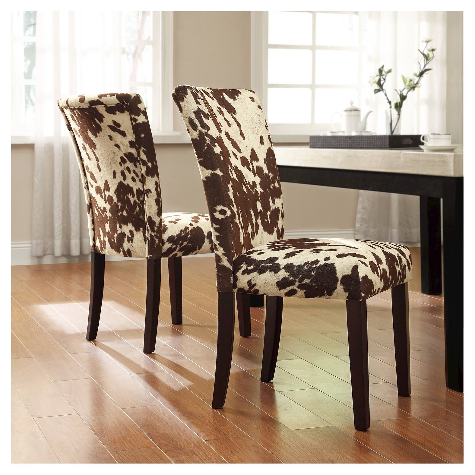 Quinby Parson Dining Chair Wood Brown Cowhide Set of 2 Inspire Q