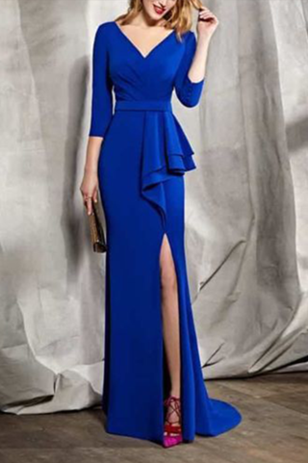Sexy Deep V Collar Plain Slim Flouncing Irregular Evening Dress
