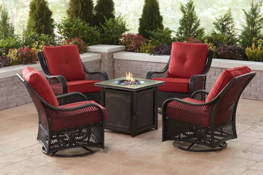 5 Piece Steel Patio Fireplace Conversation Set with Cushions. Spinning Glider and Square Fire Pit Table