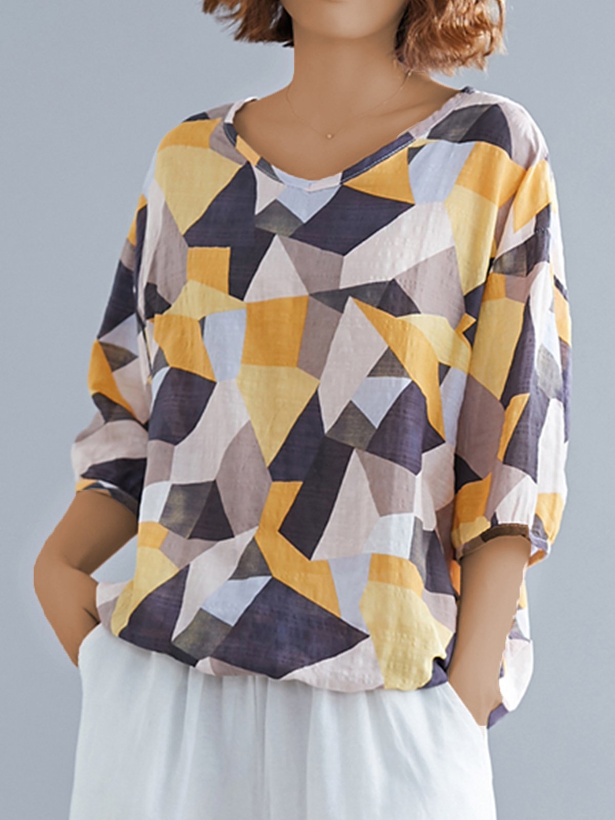 Plus Size Women Short Sleeve V Neck Vintage Floral Casual Tops