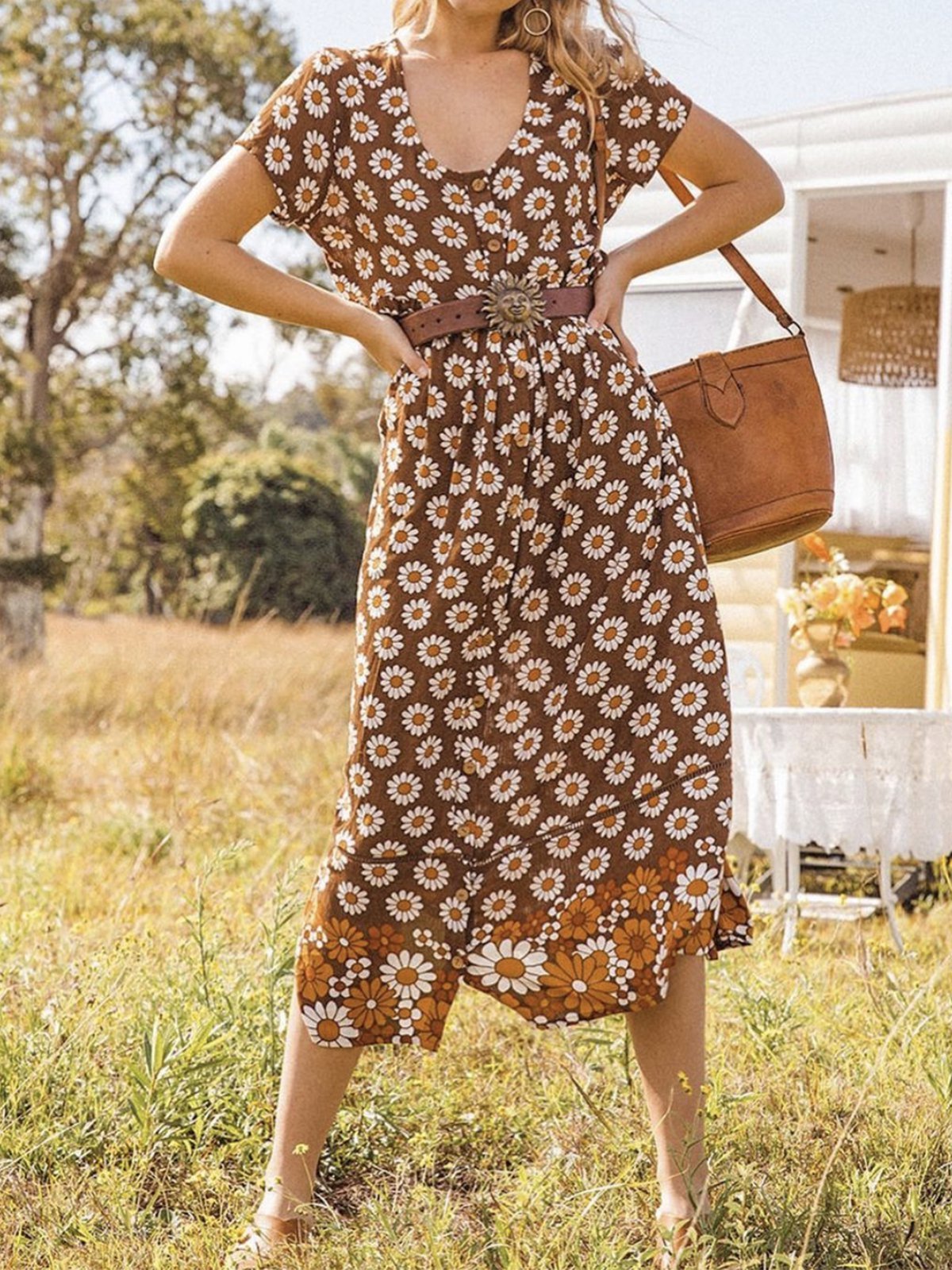 Nature Daisy A-Line Boho Short Sleeve Scoop Neckline Dresses