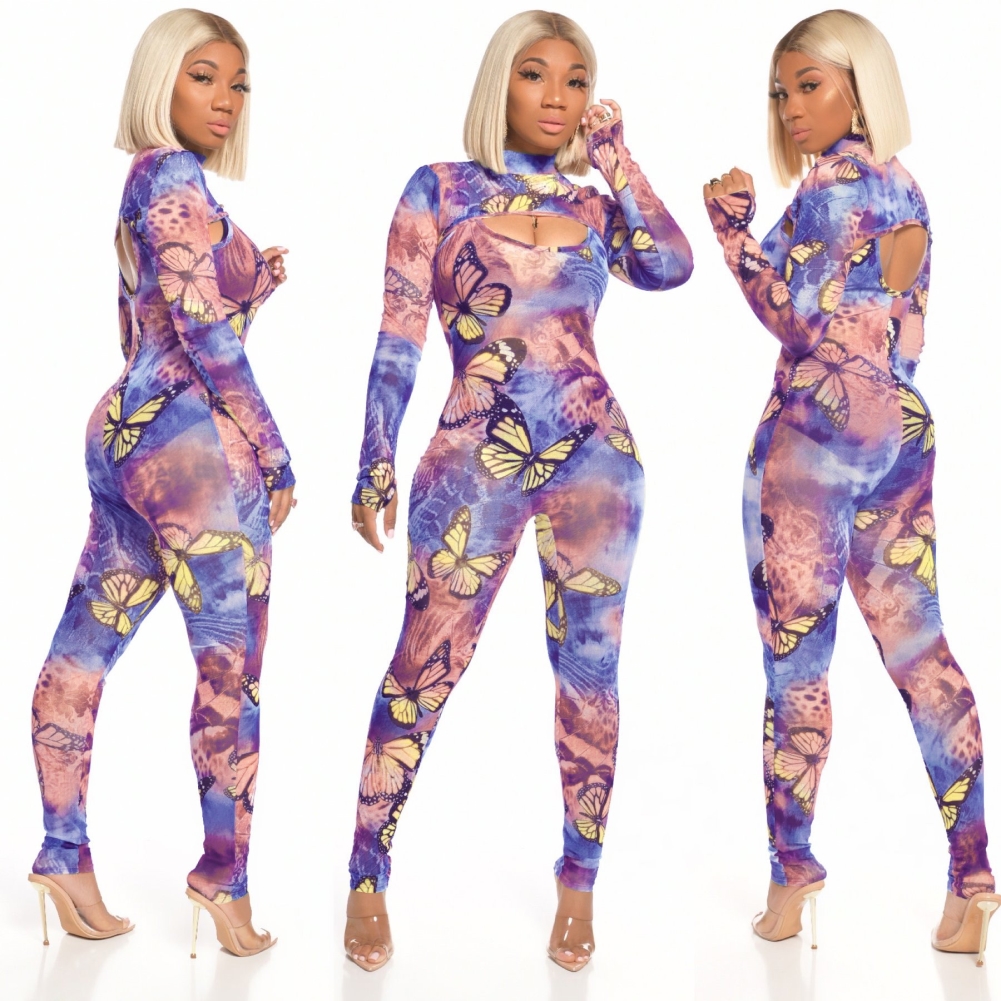 Butterfly Print Sexy Long Sleeve Bodycon Jumpsuit