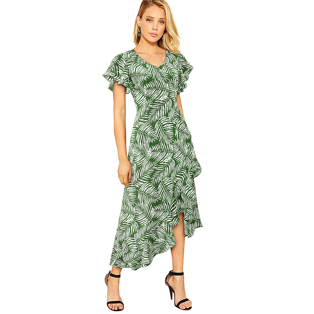 Print Wrapped Long Irregular Ruffle Dress