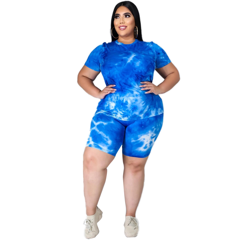 Plus Size Summer Tie Dye Two Piece Biker Shorts Set
