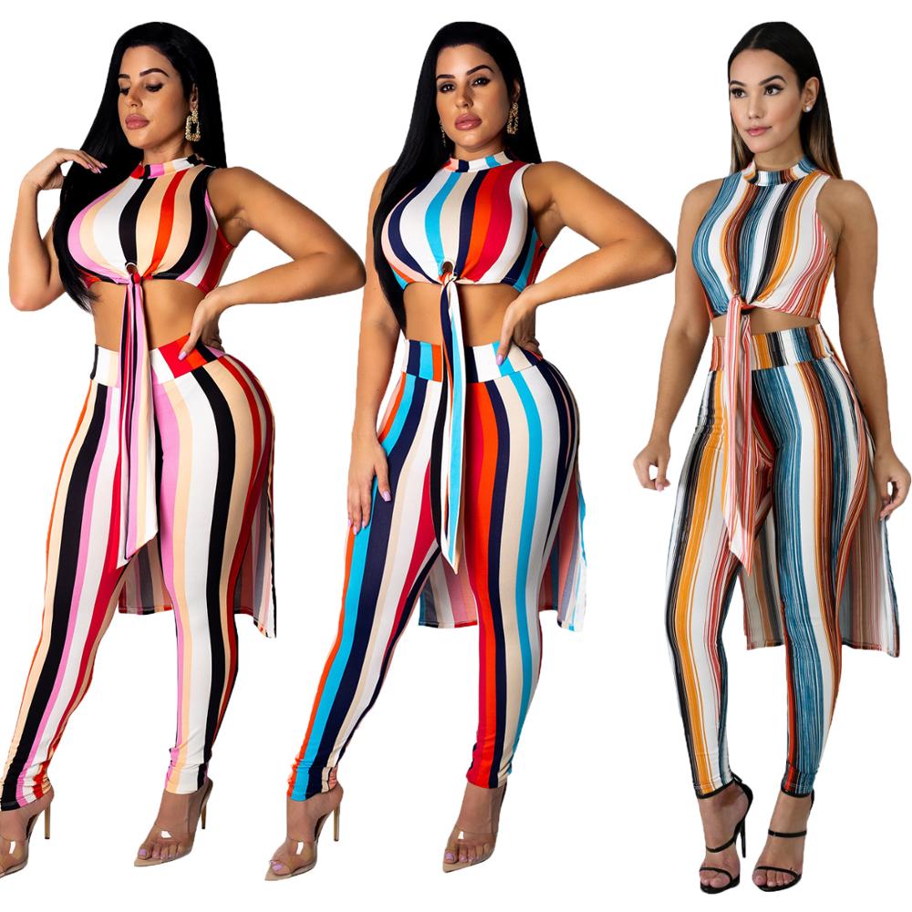 Women's Two piece Sets Printed Striped crop Tops trousers Casual Outfit 2019 Latest Design