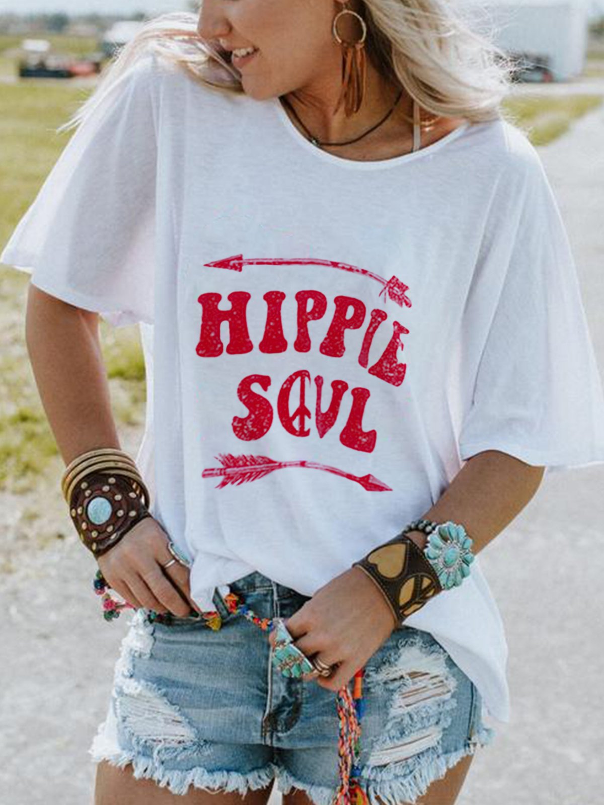 Printed Round Neck Casual Cotton-Blend Shirts & Tops