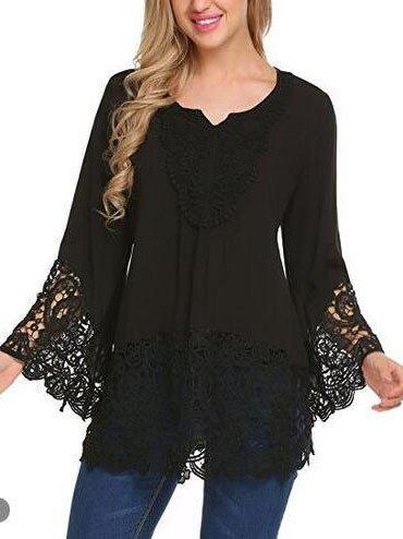 Solid Casual Bell Sleeve Round Neck Shirts & Tops