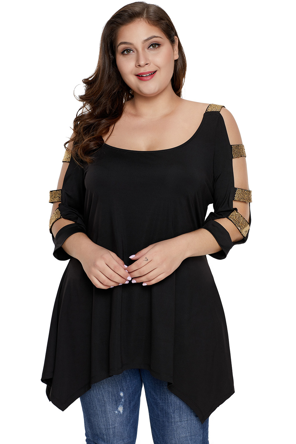 Black Plus Size Rhinestone Cutout Sleeve Top