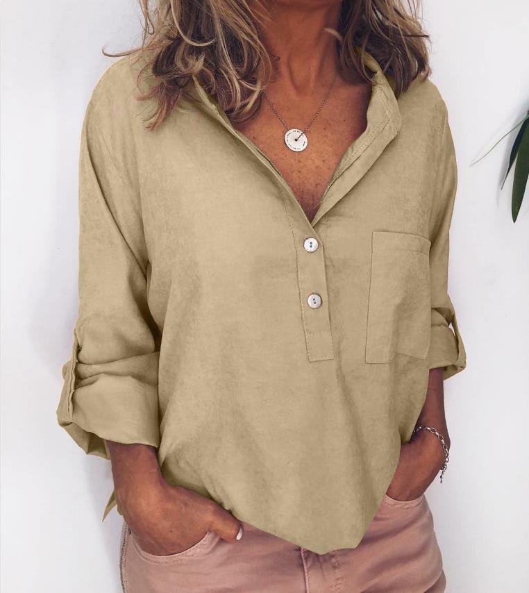 Casual Linen Pockets Long Sleeve Blouses&shirts