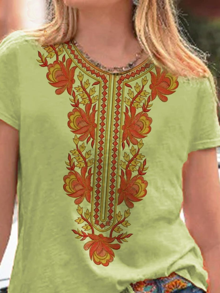 Crew Neck Color-Block Cotton-Blend Short Sleeve Shirts & Tops