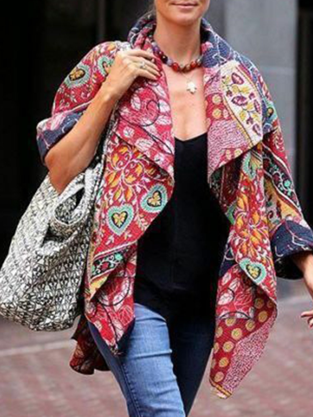 Red Color-Block Patchwork Cotton-Blend Casual Outerwear