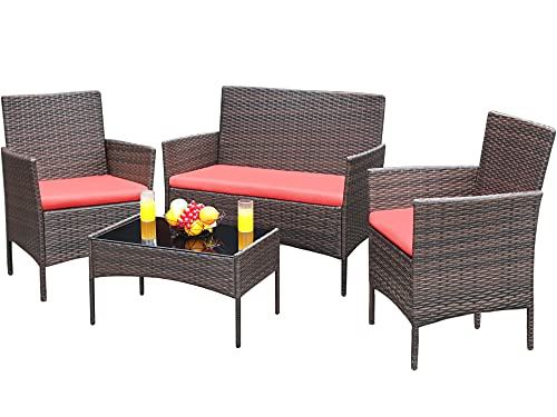 Greesum 4 Pieces Patio Outdoor Rattan Furniture Sets, Wicker Chair Conversation Sets, Garden Backyard Balcony Porch Poolside Furniture Sets with Soft Cushion and Glass Table, Brown and Red
