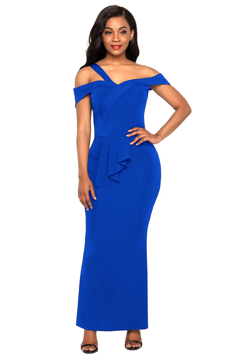 Royal Blue Asymmetric Off Shoulder Look High Waist Party Gown