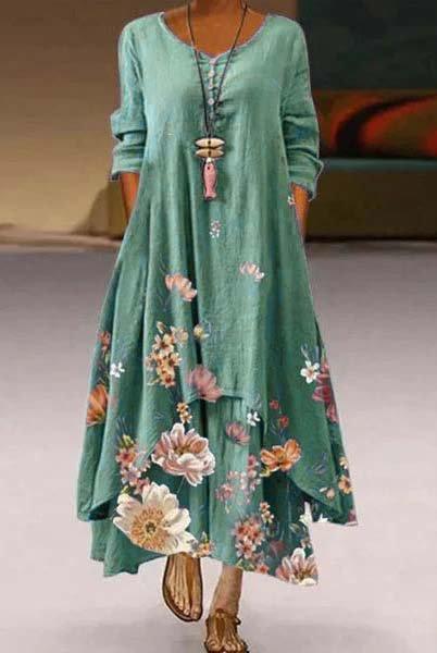 3/4 Sleeve Crew Neck Floral Dresses