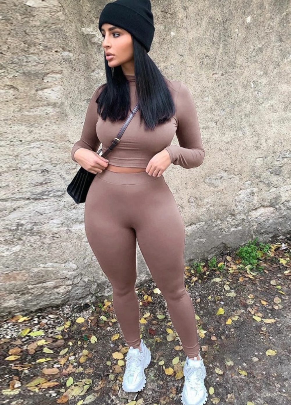 Fall Two Piece Plain Bodycon Crop Top and Pants Set