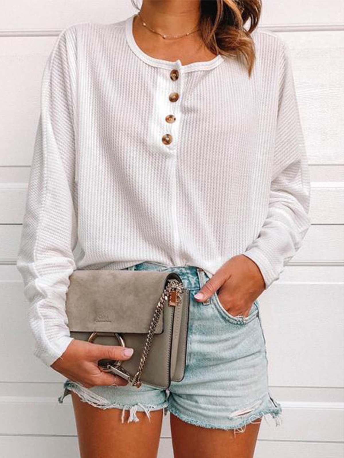 Solid Buttoned Round Neck Sweater shirt
