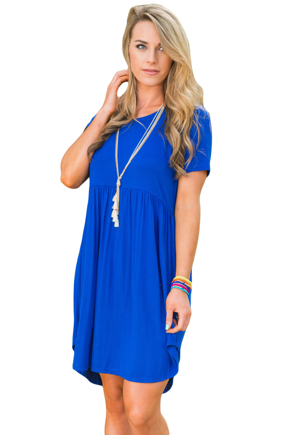 Blue Short Sleeve Pullover Babydoll Style Casual Dress