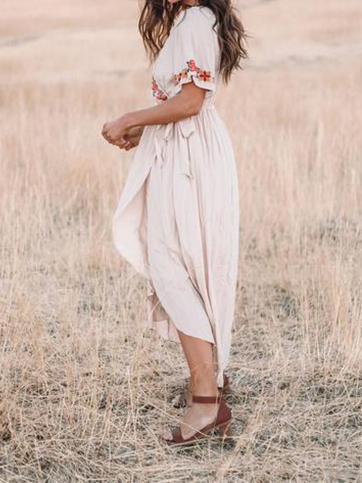 Boho Short Sleeve V Neck Cotton-Blend Dresses