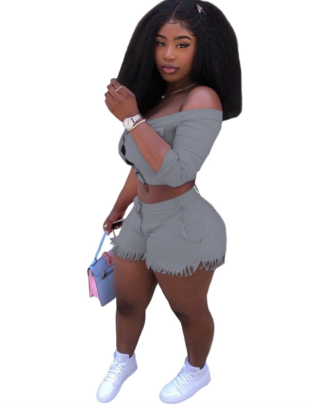 Sexy Matching Off Shoulder Crop Top and Tassels Shorts Set