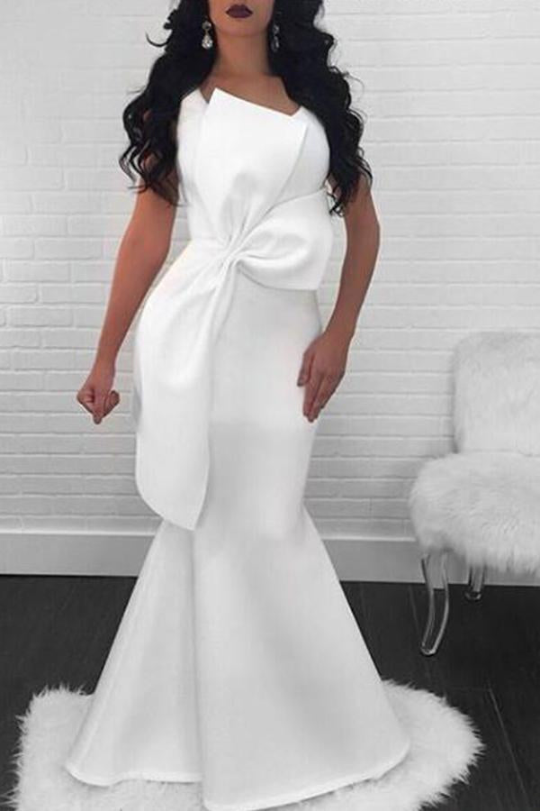 Elegant Fashion Plain Irregular Tube Bowknot Front Sleeveless Evening Dress