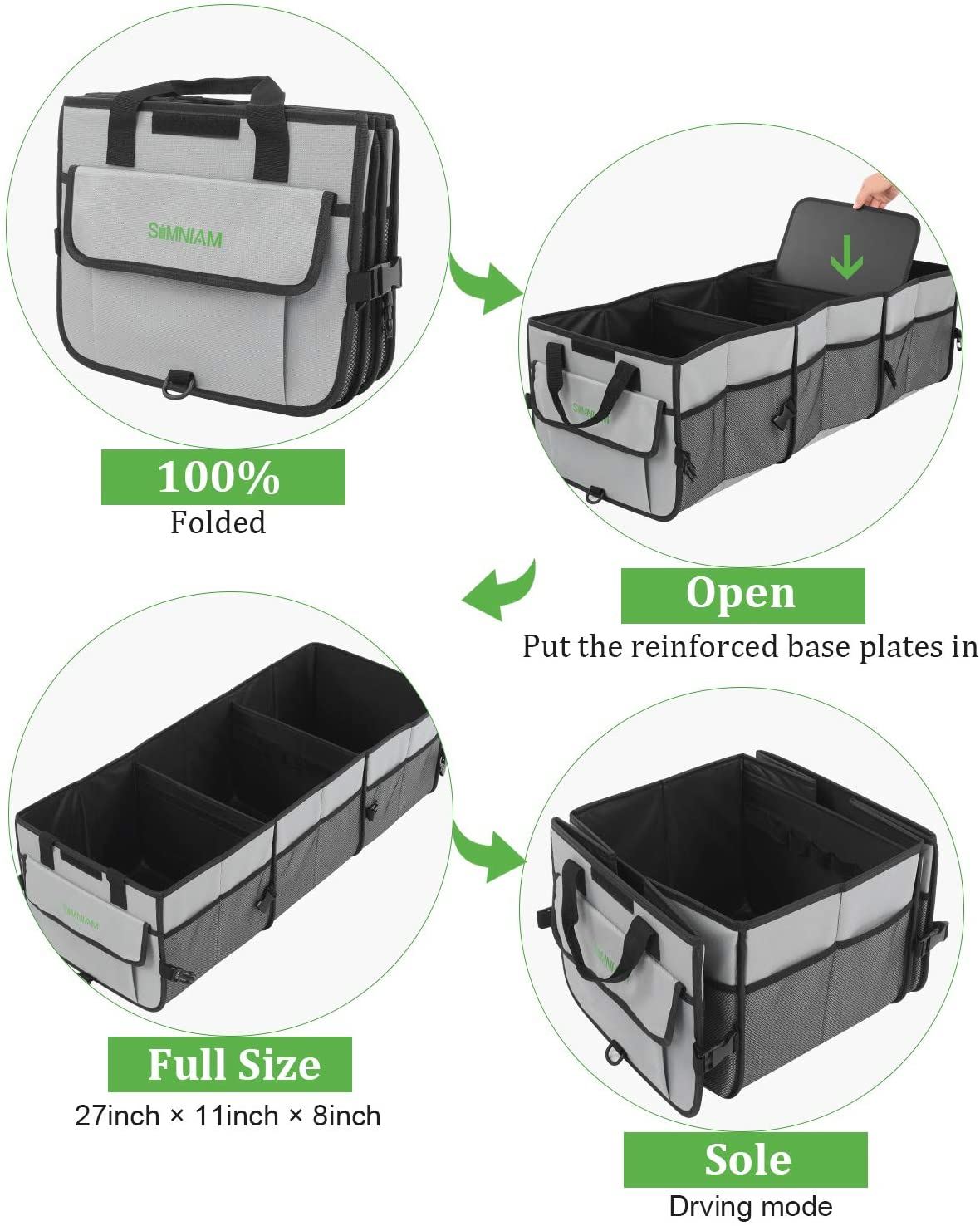 Upgraded Car Trunk Organizer with Cooler Bag �C Simniam Multi Compartments Collapsible Large Car Organiser Storage with Reflective Strip Design, Trunk Organizer for auto, SUV, Truck, Miniva