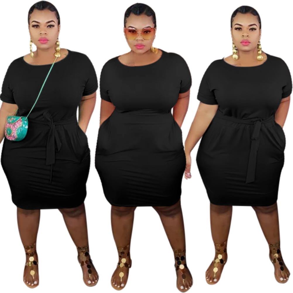 Plus Size Summer Plain Bodycon Dress with Belt
